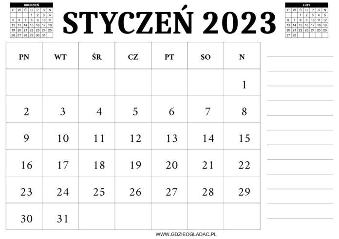 Kalendarz styczeń 2023 do druku