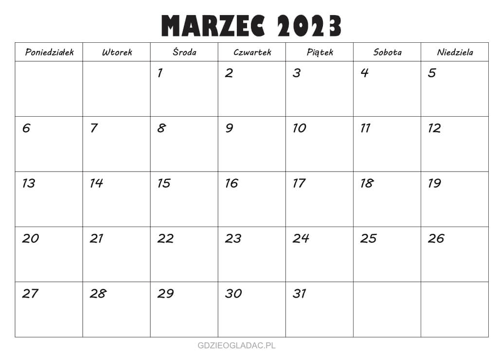 Marzec 2023 kalendarz do druku za darmo